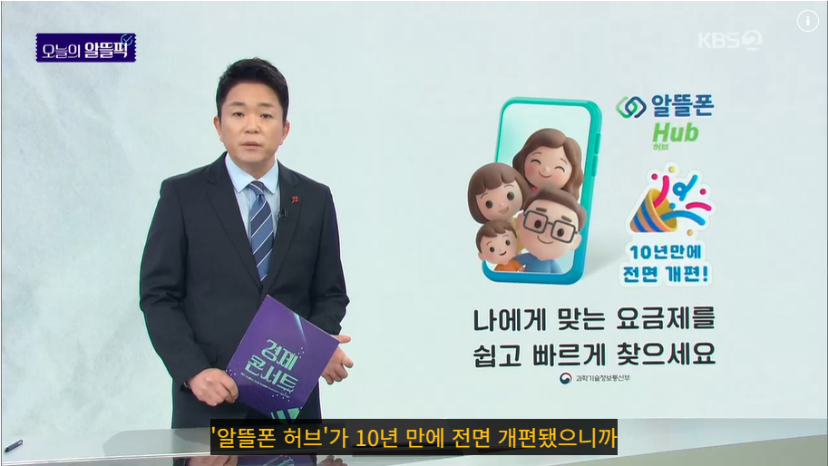 KBS 뉴스: 10년 만에 전면 개편된 '알뜰폰 허브' 소개. 나에게 맞는 요금제를 쉽고 빠르게 찾을 수 있는 서비스 개편 소식과 과학기술정보통신부 지원 안내.